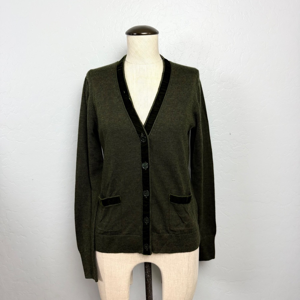 J.Crew Olive Green Merino Wool Blend Velvet Trim V-Neck Cardigan Sweater Small
